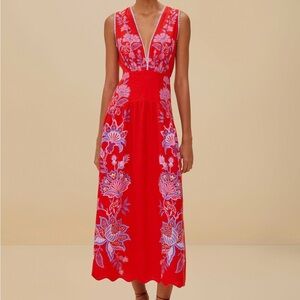NWT Farm Rio Red Porcelain Garden Premium Linen Midi Dress M